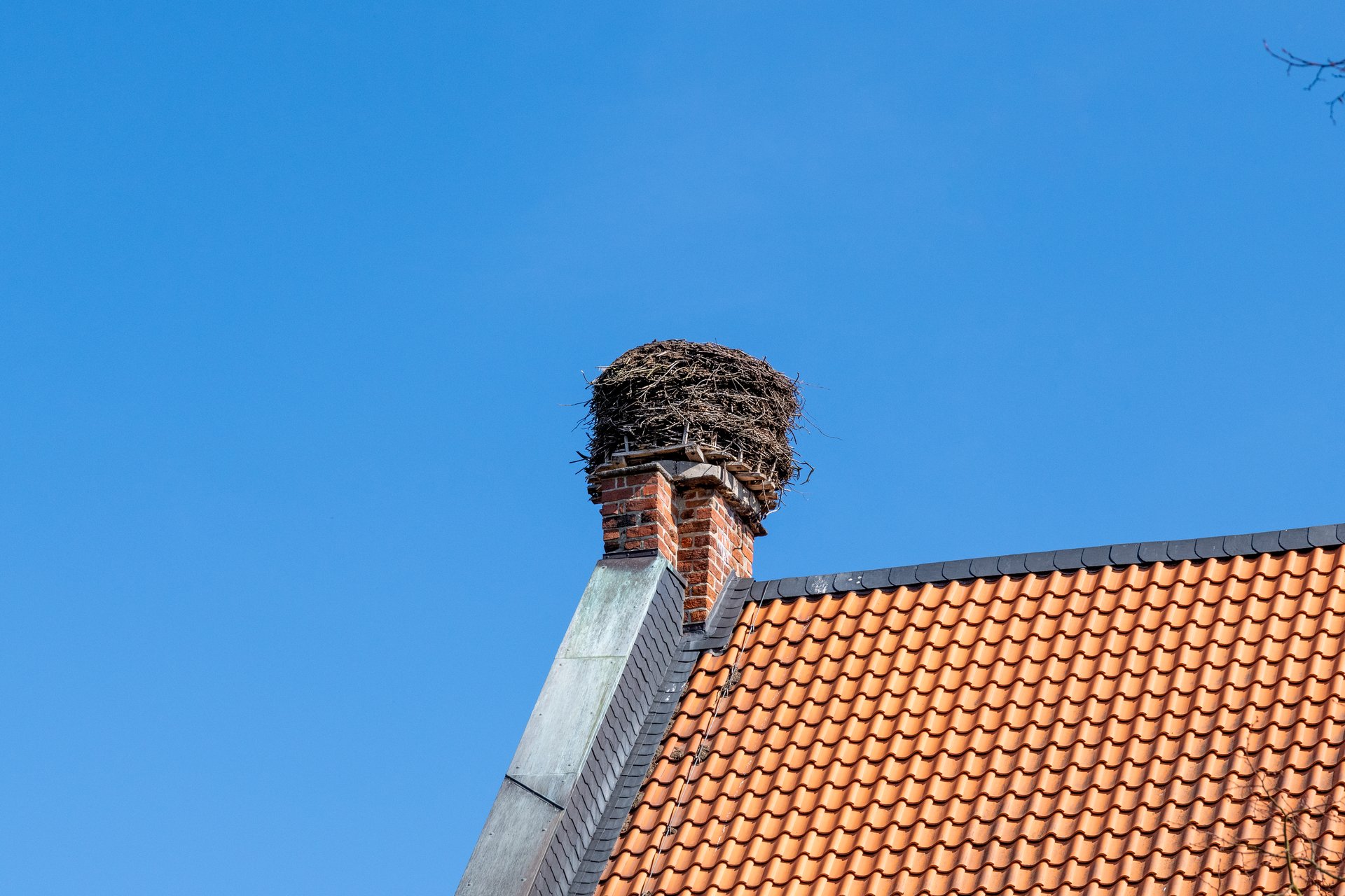 An old stork's nest on a brick chimney on the roof of a house where no stork is at the moment against blue sky.
