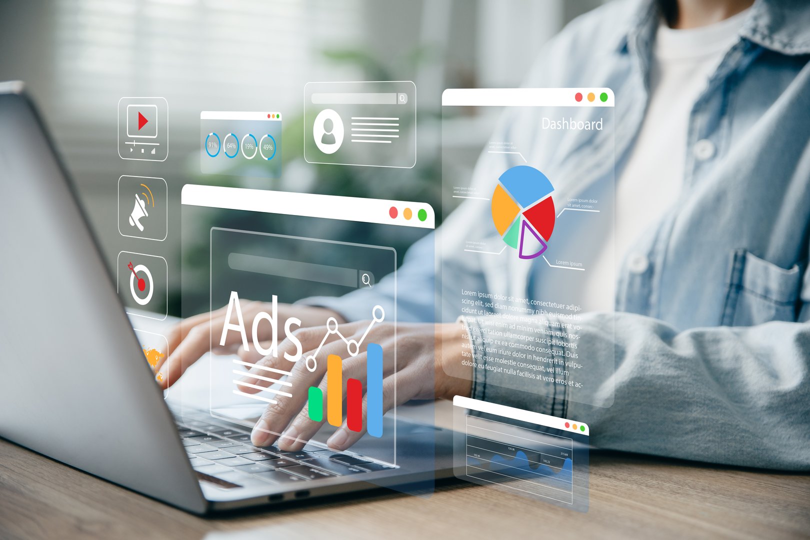 Digital marketing concept, Woman using laptop with Ads dashboard digital marketing strategy analysis for branding.