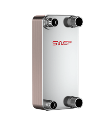 Rectangular metal heat exchanger with four pipe connections and SWEP logo on the front.