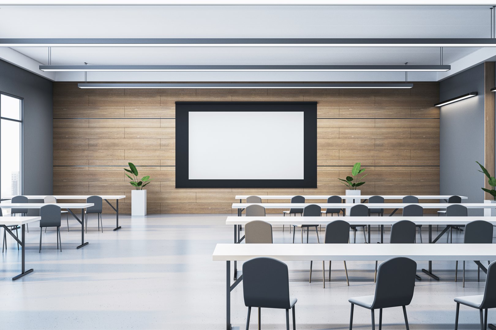 Auditorium with screen, seating, plants on white background. Concept of education. 3D Rendering