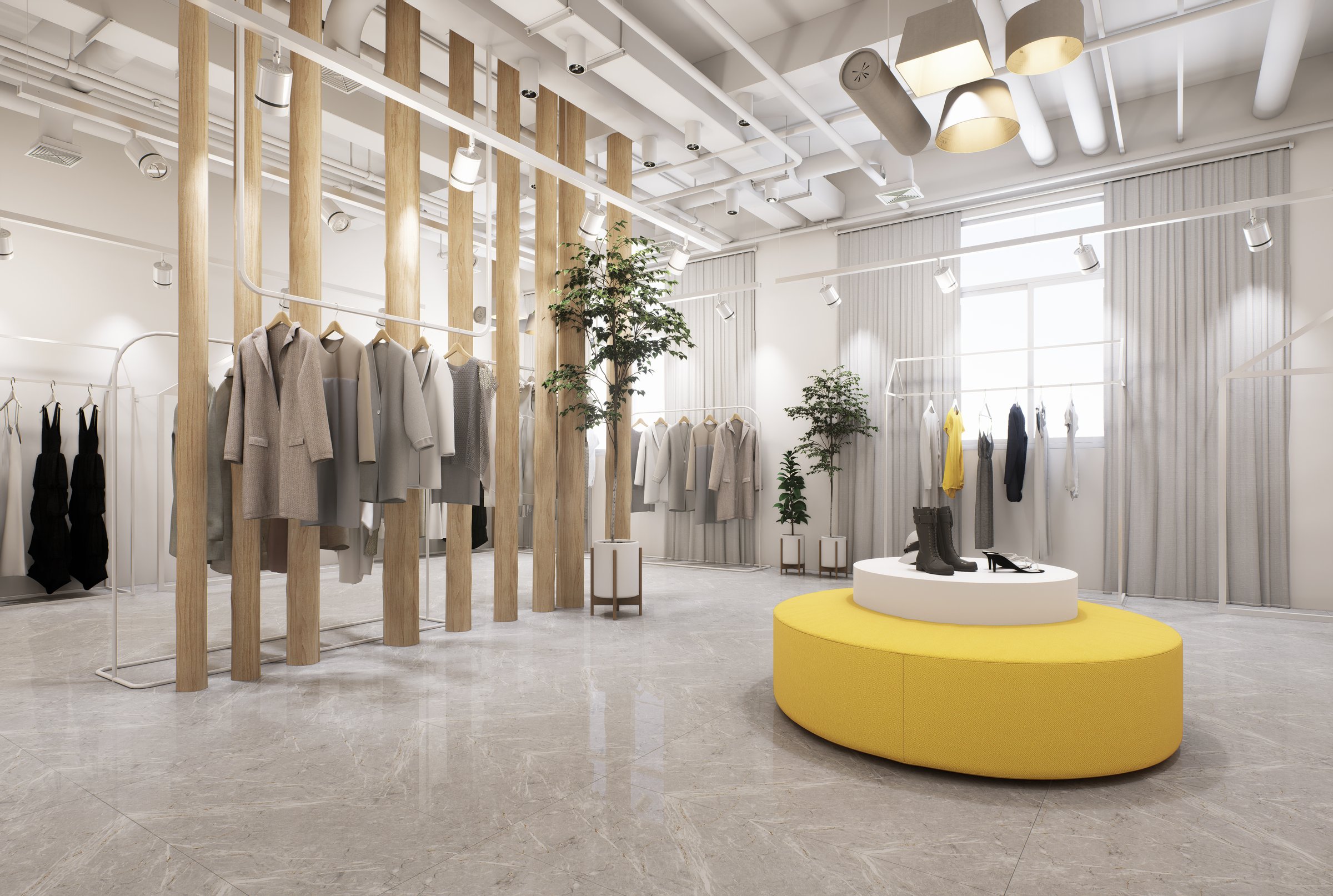 Modern Minimalist Clothing Store Interior with Industrial Ceilings and Natural Wood Accents.3D illustration