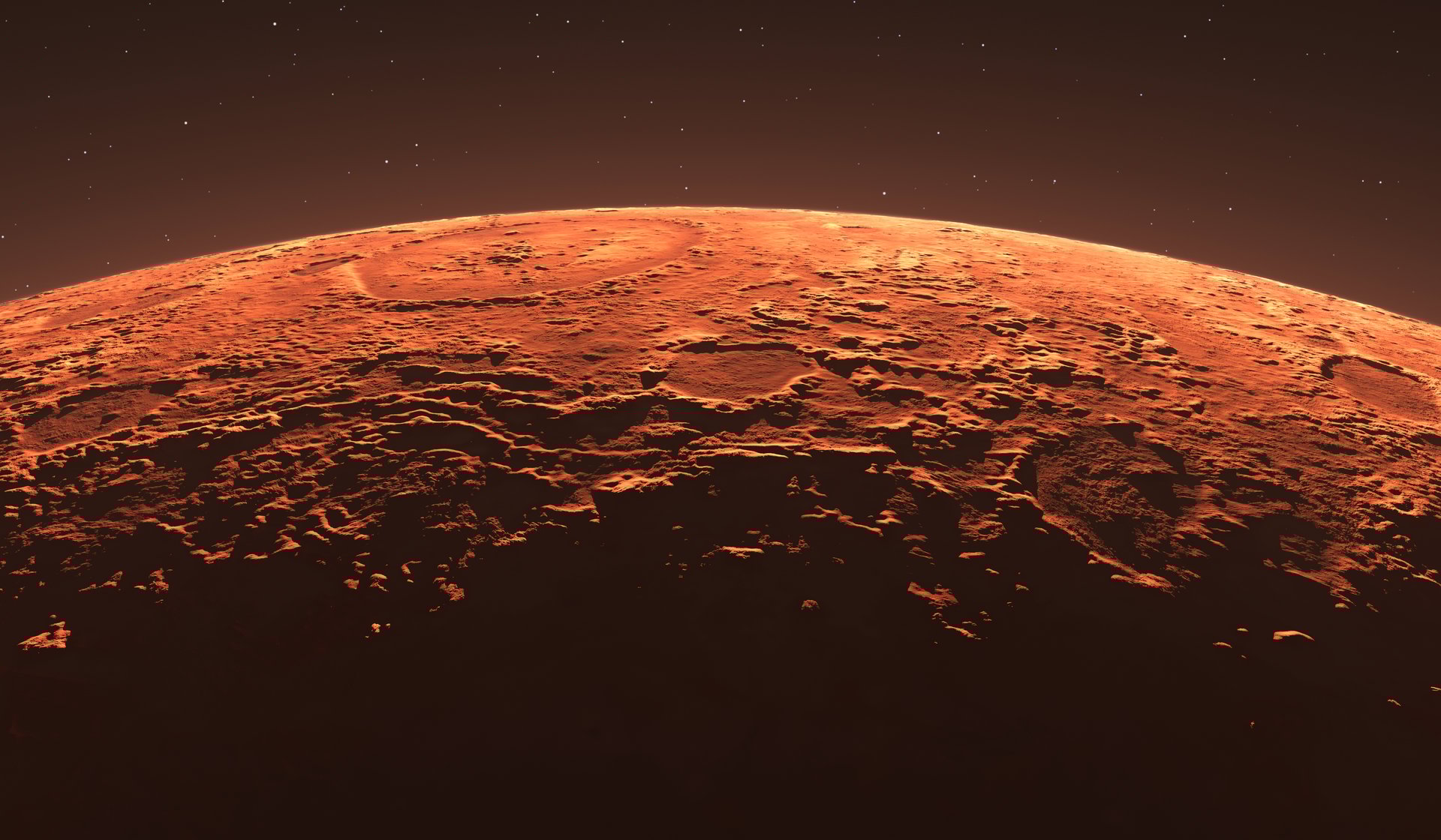 Mars - the red planet. Martian surface and dust in the atmosphere. 3D illustration