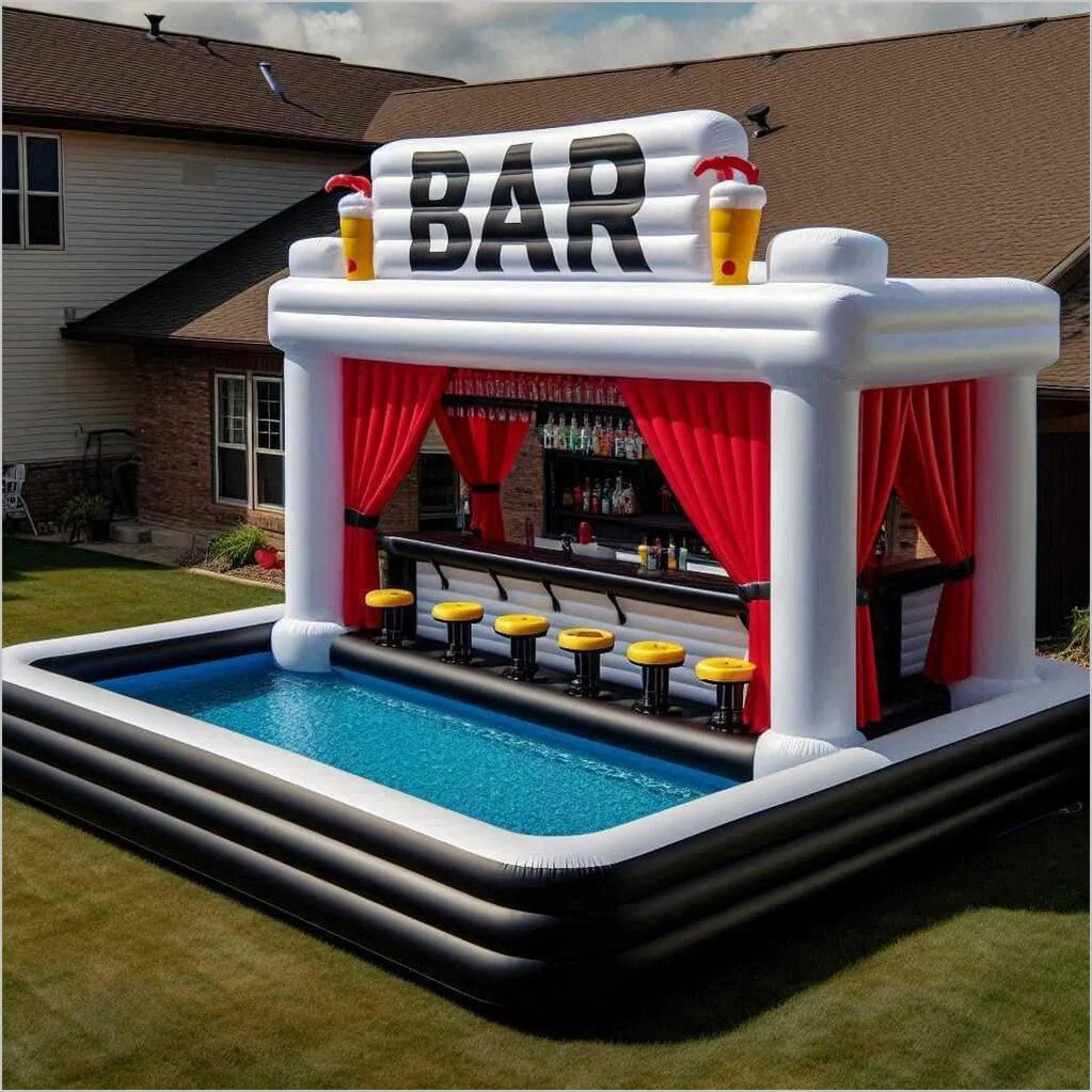 Inflatable bar structure with stools and a pool in a backyard setting.