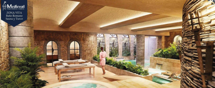 Luxurious spa with stone walls, an indoor pool, sauna, and a person in a robe surrounded by plants and soft lighting.