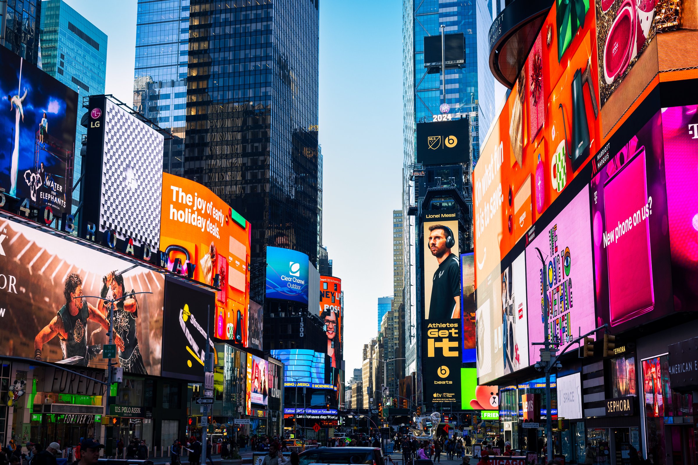 Night view of Times Square with several illuminated billboards. New York. USA. November 6, 2024.