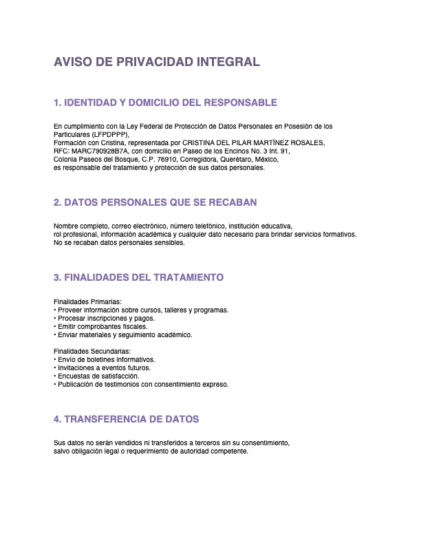 Aviso de Privacidad Integral Formación con Cristina