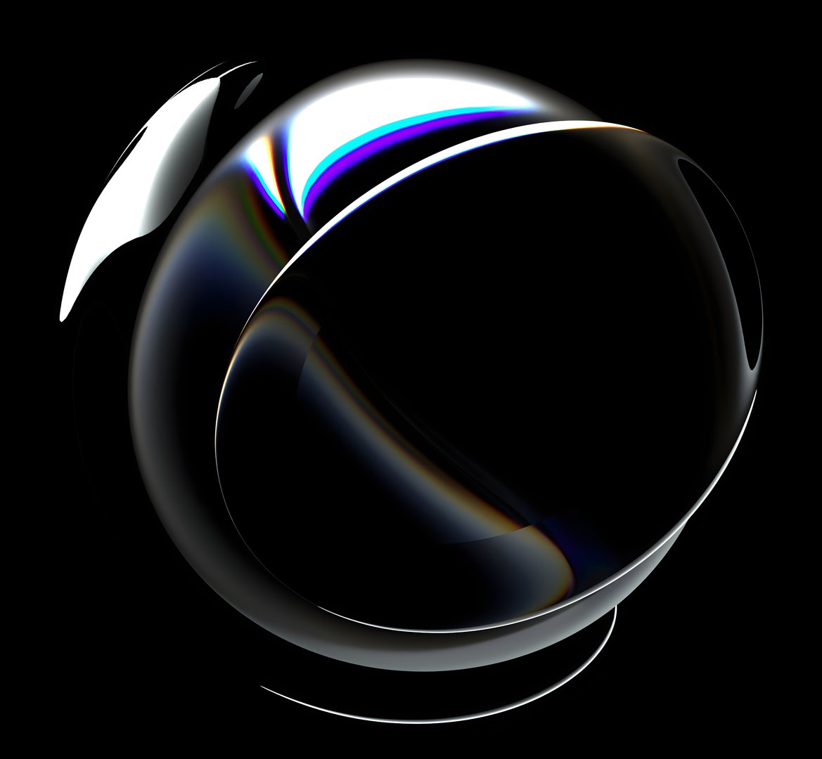 3d render abstract art with surreal glass sphere or ball in deformation in curve wavy round lines forms with dispersion rainbow color spectrum prism effect on isolated black background