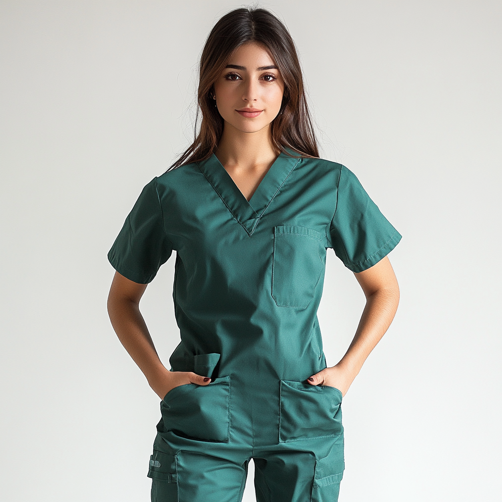 Person in green medical scrubs stands confidently with hands in pockets against a neutral background.