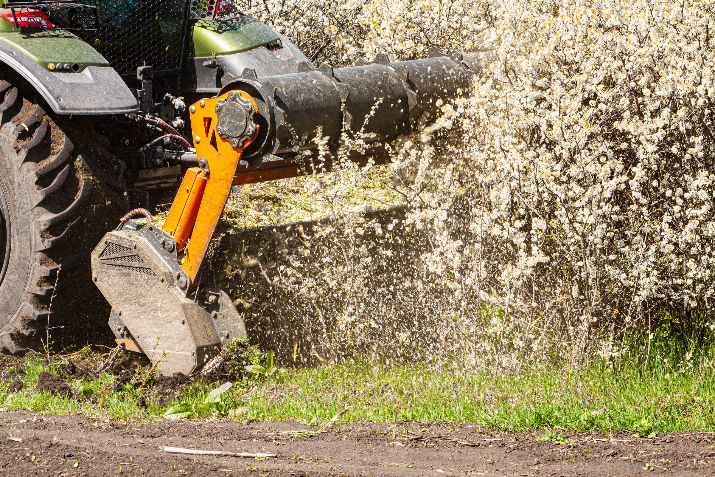 Picture of a tractor-type truck working on clearing bushes with a certain device. It is a sunny day and the bushes are blooming with white flowers. High quality photo