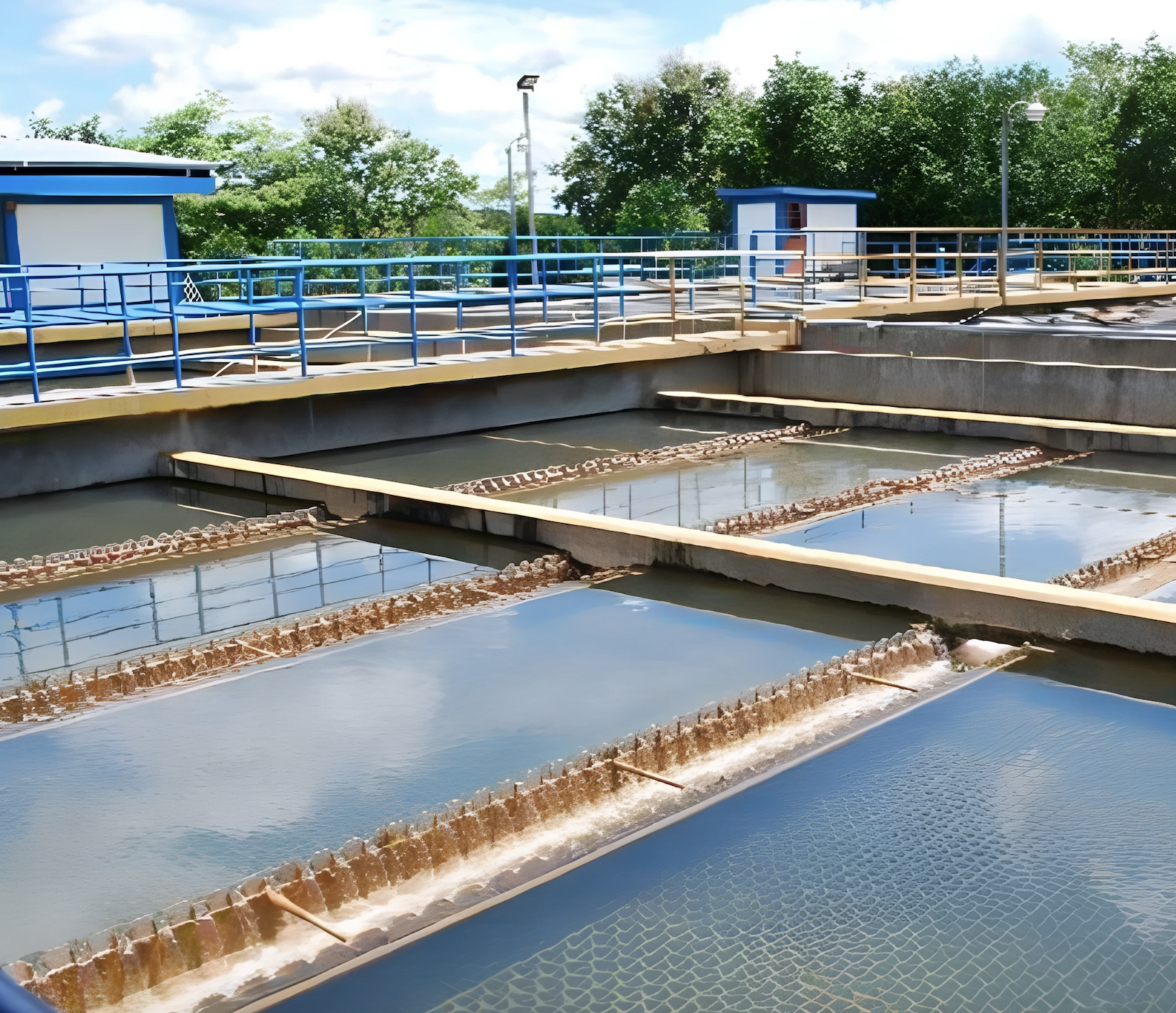 Water treatment plant with cascading pools and blue structures, surrounded by trees and cloudy sky.