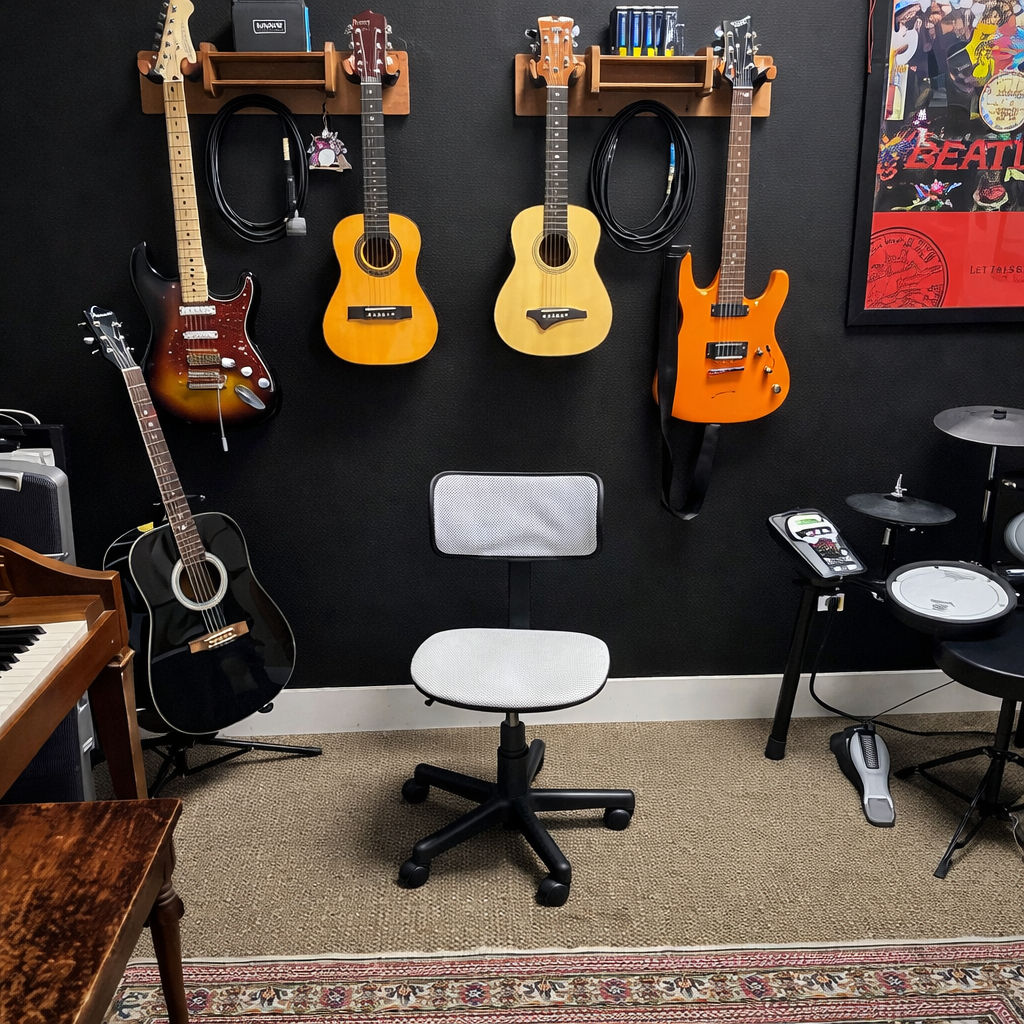 Group of students with their music teacher in classroom