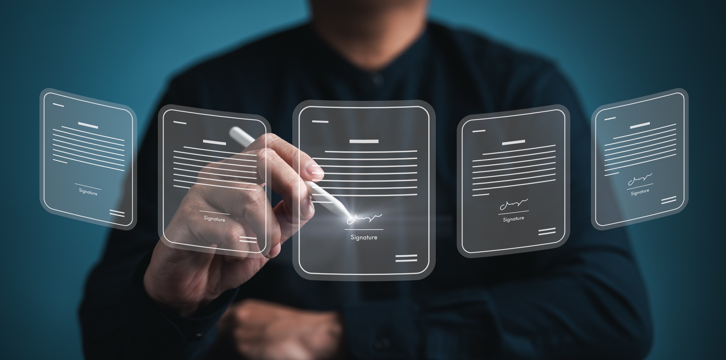 Electronic signature and paperless office concept. Businessman sign online documents in digital files on virtual screen, e-signing, and smart document management. Cloud server documentation database.