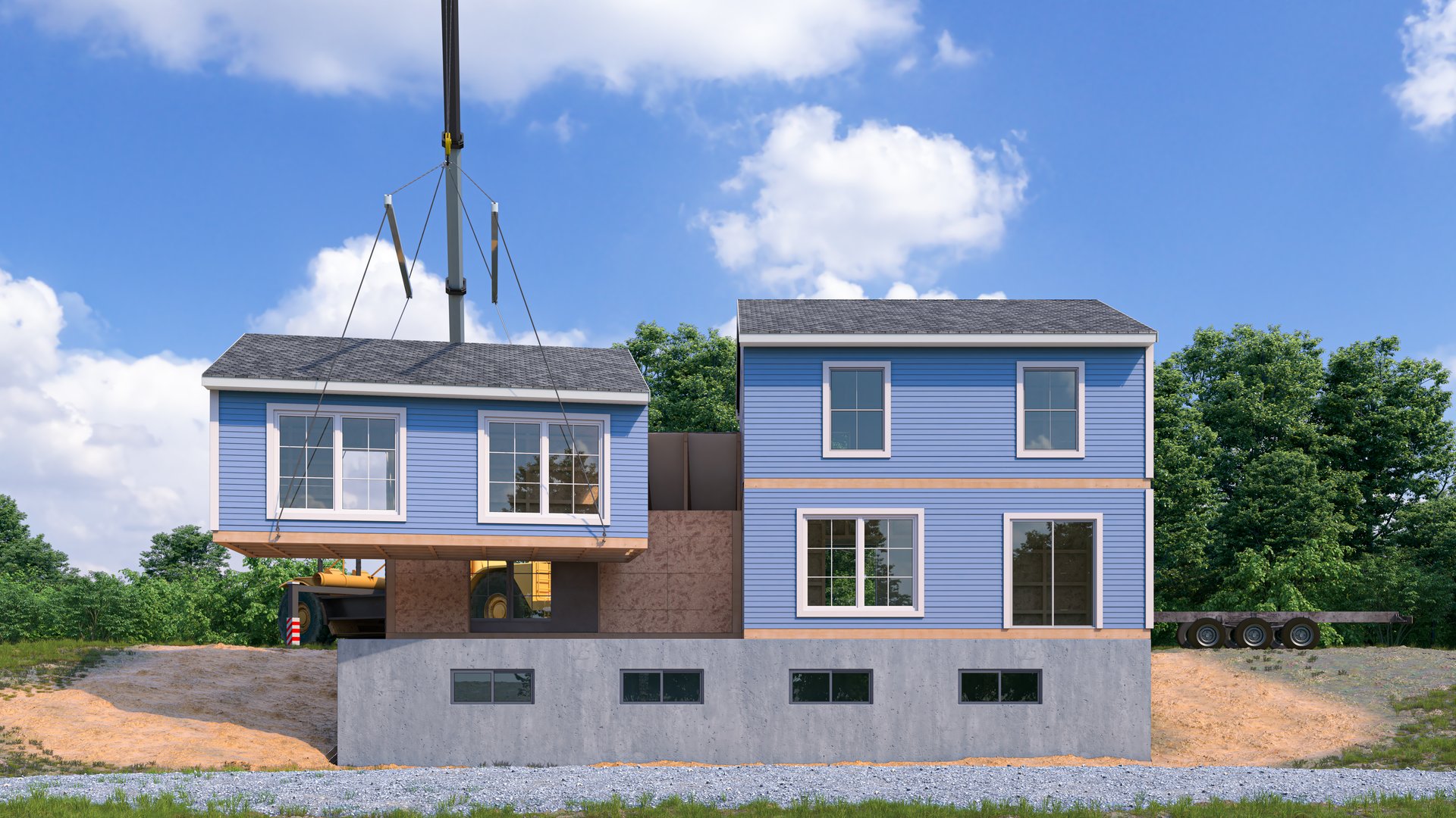 Assembling a modular house exterior. 3d illustration