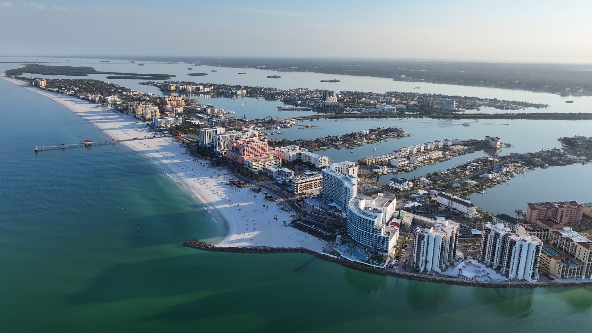 Clearwater Beach At Clearwater In Florida United States. Sunrise Beach. Sunlight Cityscape. Downtown City. Clearwater Beach At Clearwater In Florida United States. Amazing Sunset Skyline.