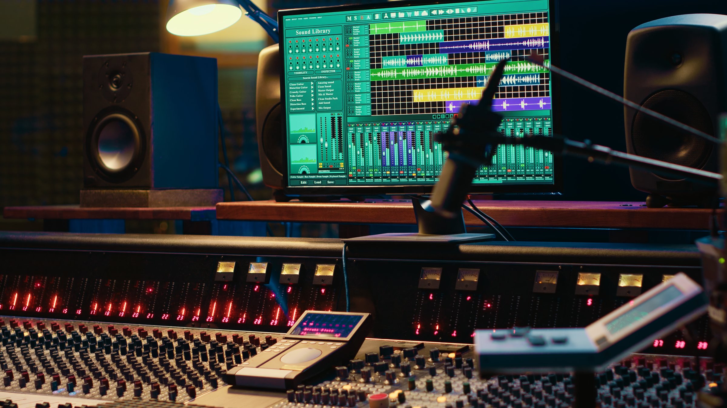 Empty control room filled with buttons and sliders used for recording and editing music, mix and master concept. Professional studio panel board with switchers and pre amp knobs.