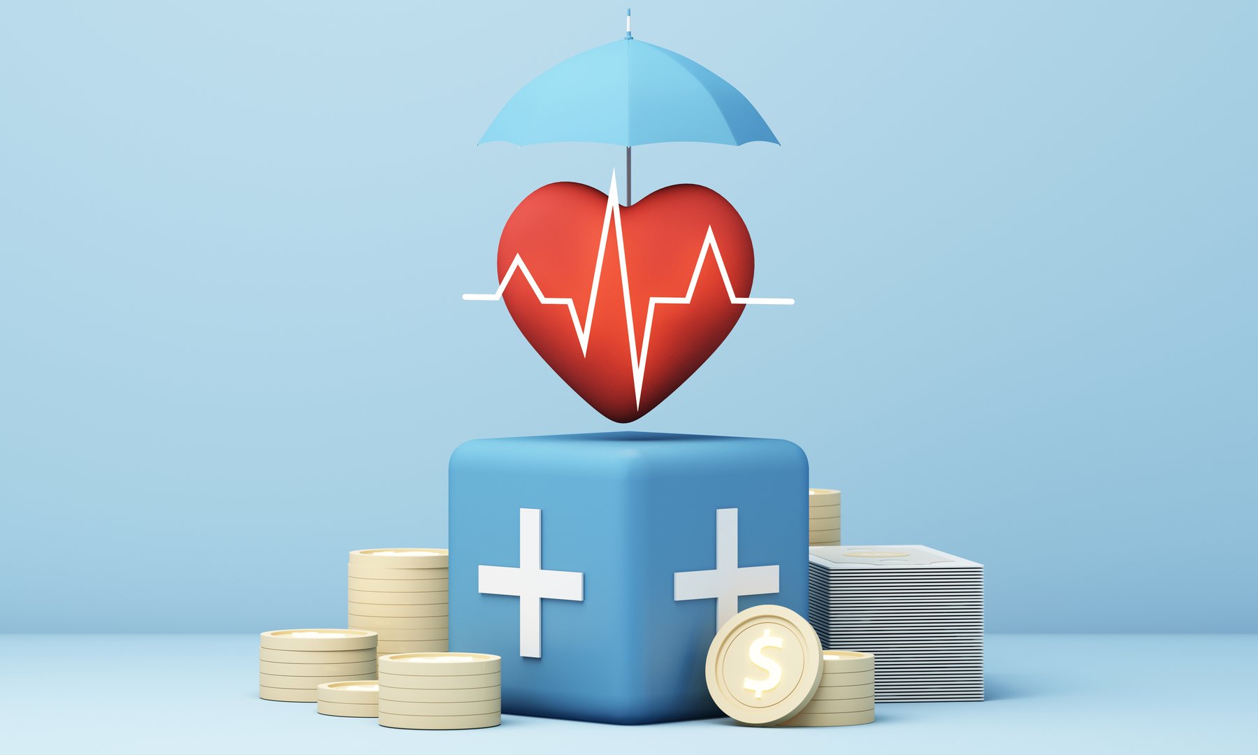Medical insurance concept with a red heart under a blue umbrella