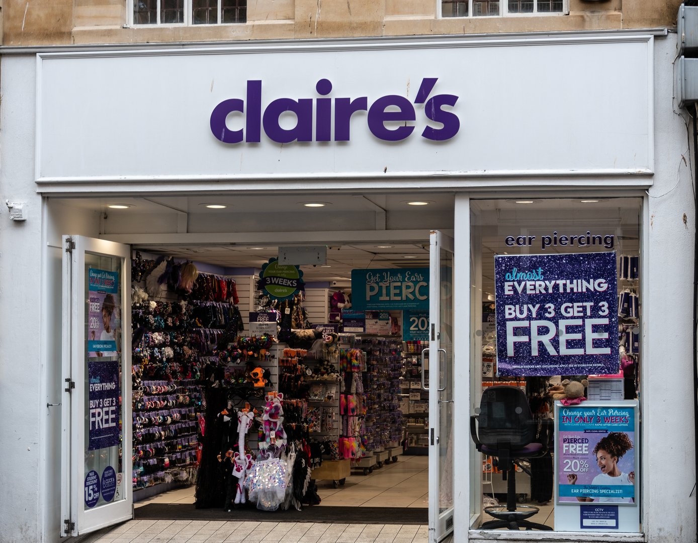 Bath, United Kingdom - October 13 2018:   The Front of Claire's Accessories shop in Stall Street