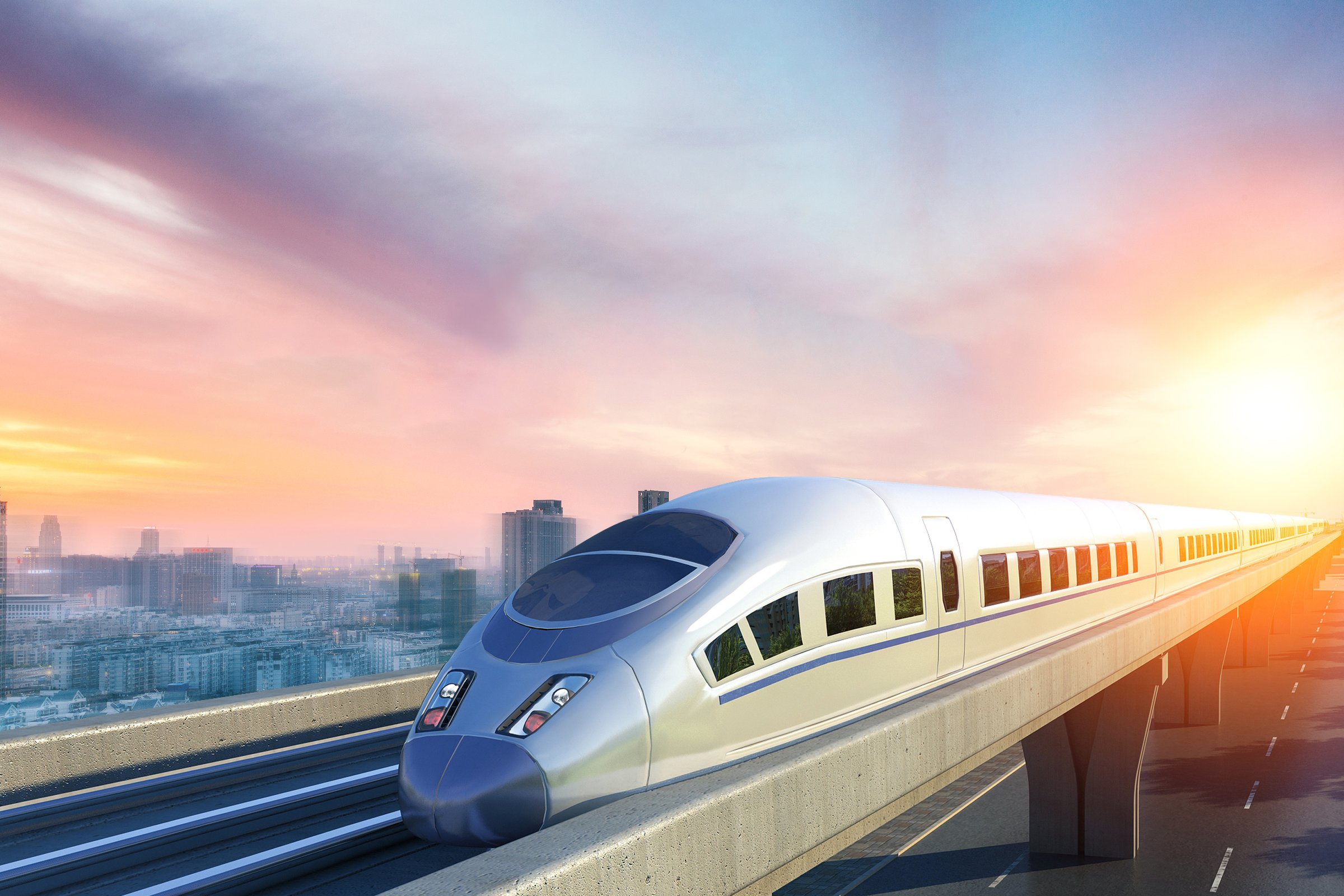 The train departs from the platform of the passenger station, traveling at high speed through the city