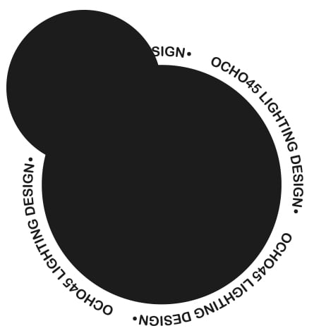 Black abstract circles with the text OCHO45 LIGHTING DESIGN repeated around the edge.