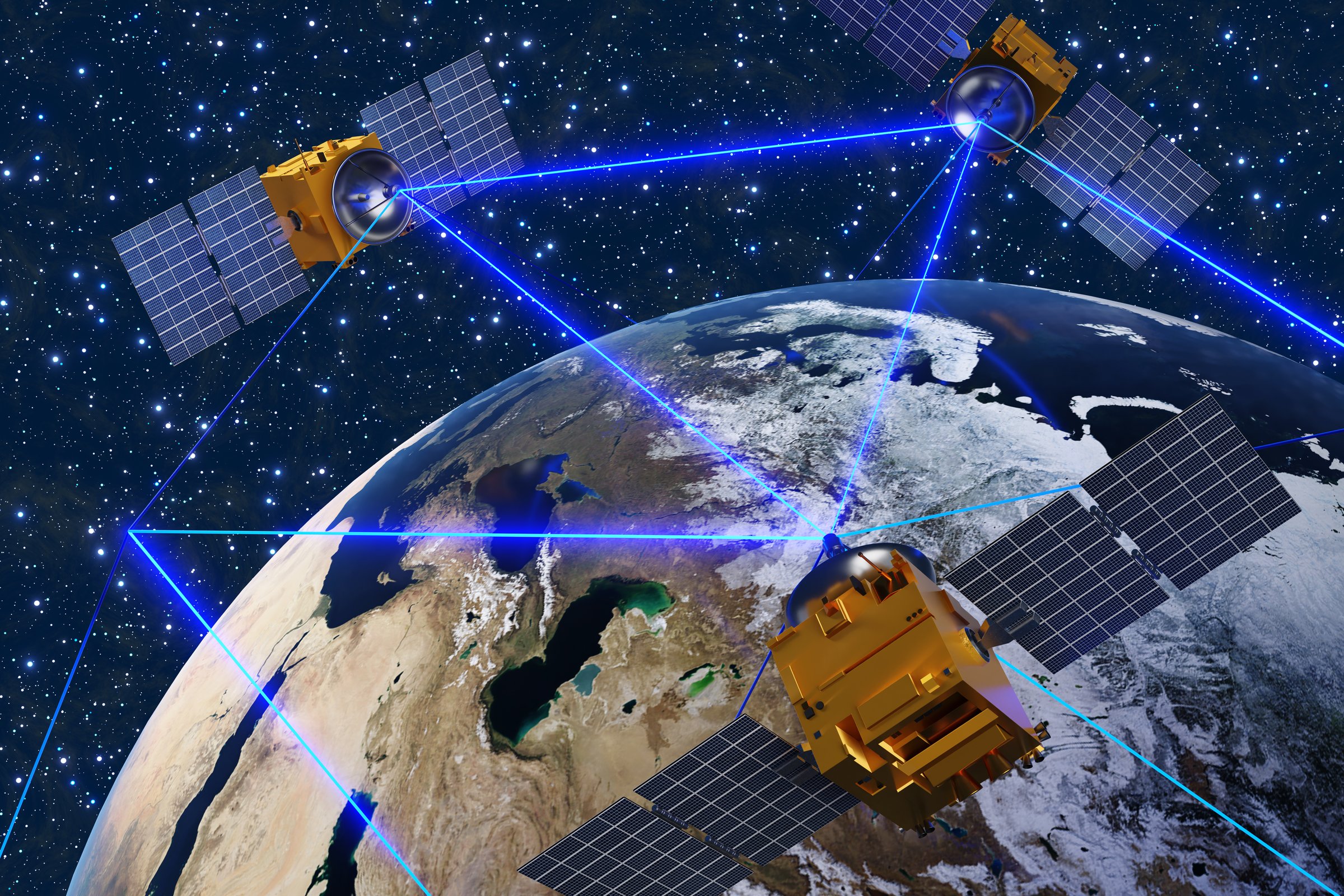 Satellites surrounding the planet Earth and sending blue laser beams to each other for communication. Illustration of the concept of telecommunication and satellite mobile phone network

Source of Earth Map:
https://visibleearth.nasa.gov/collection/1484/blue-marble