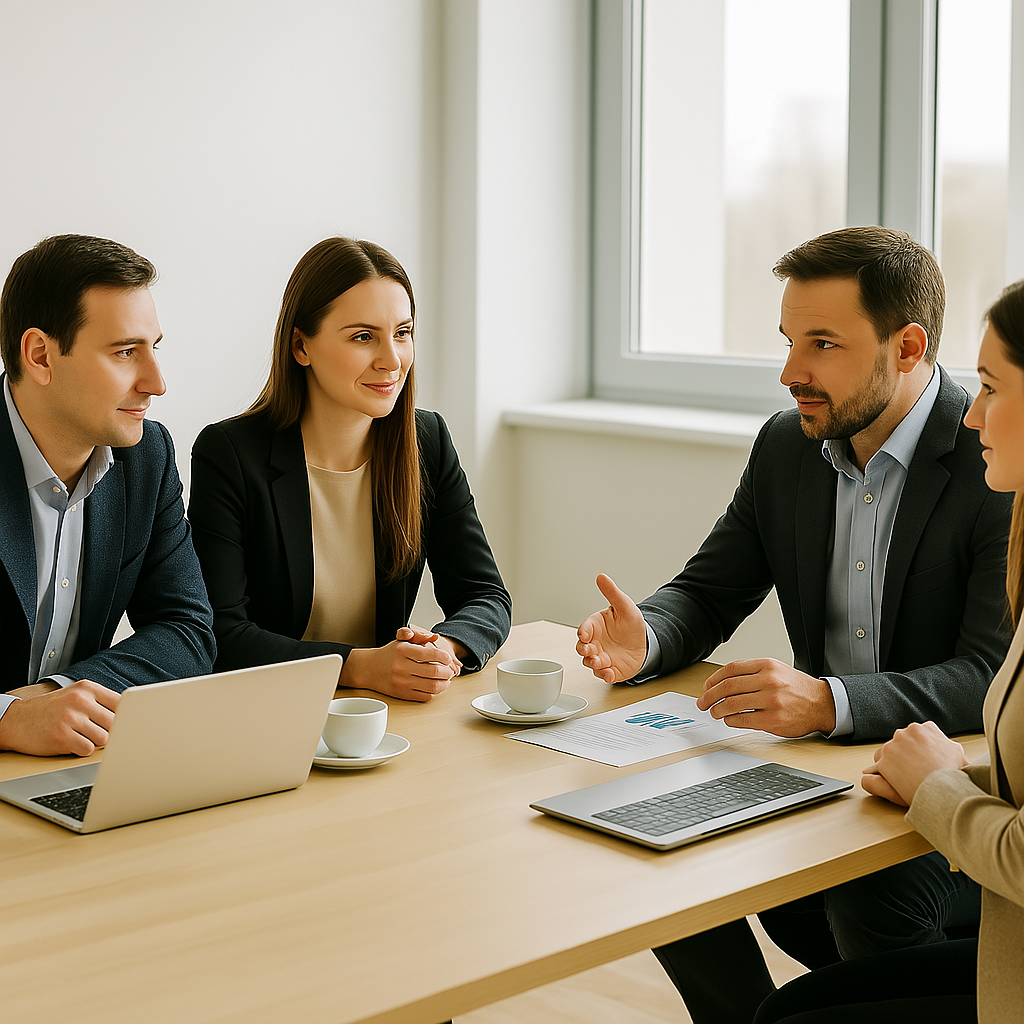 Four professionals in a meeting, discussing documents with laptops on a table in a bright office setting.