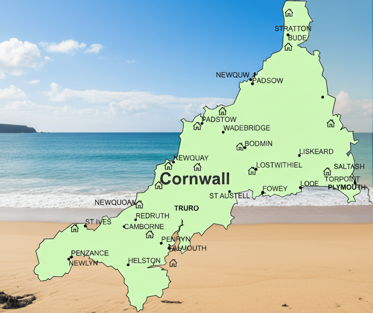 Map of Cornwall showing key locations for contractor accommodation