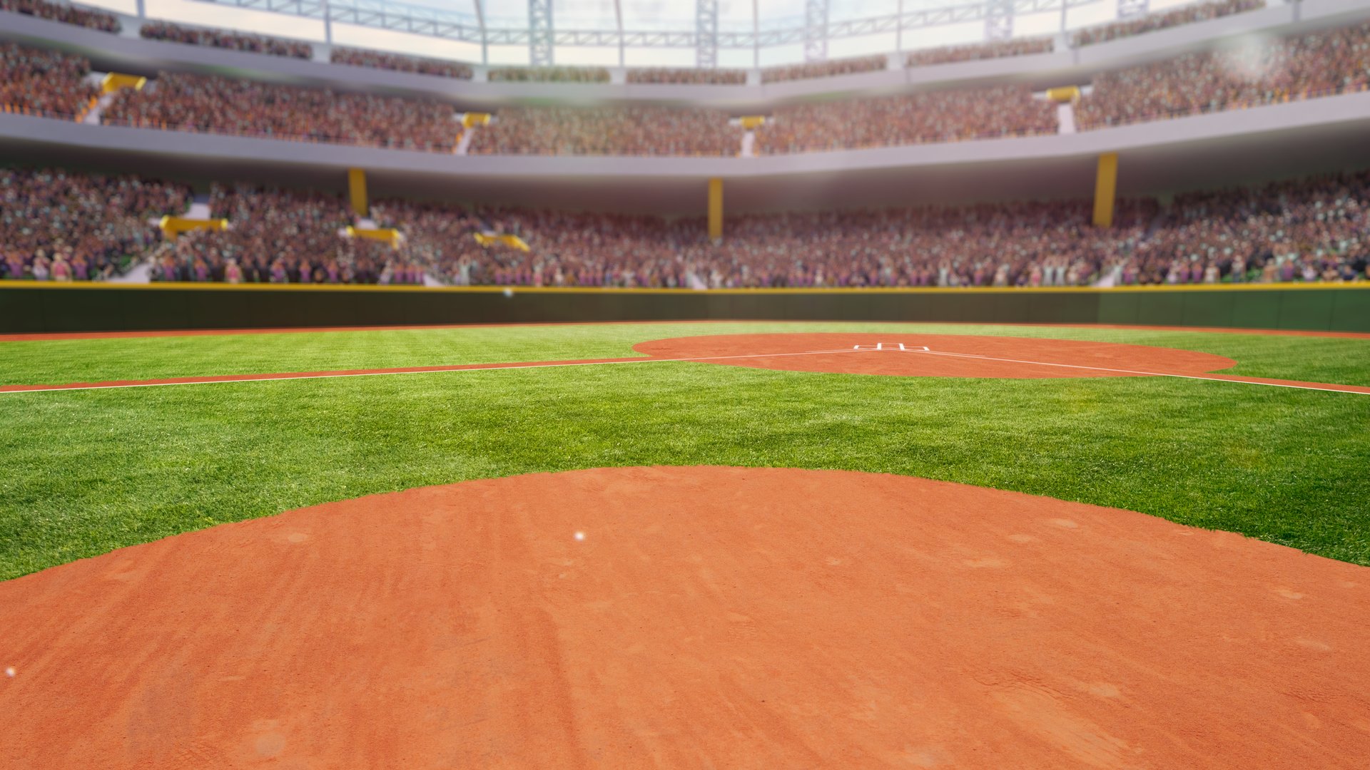 3D render of empty baseball arena, open air stadium on daytime. Blurred imaged of sport fans on tribune. Concept of professional sport, competition, championship, game