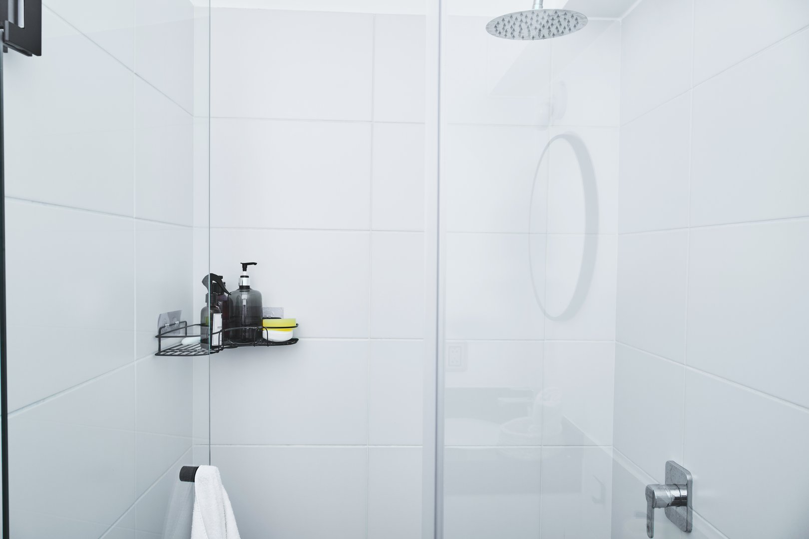Minimalist shower area highlighting cleanliness and personal care toiletries