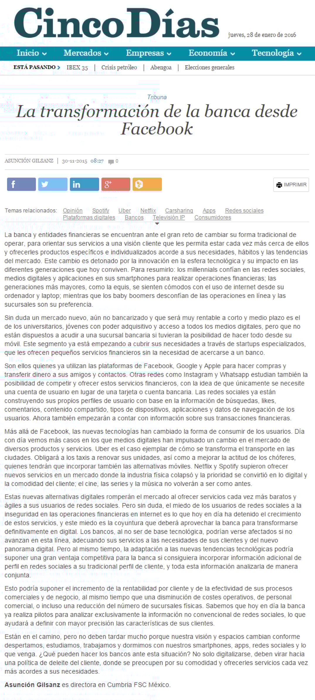 Publicación en Cinco Días - El País