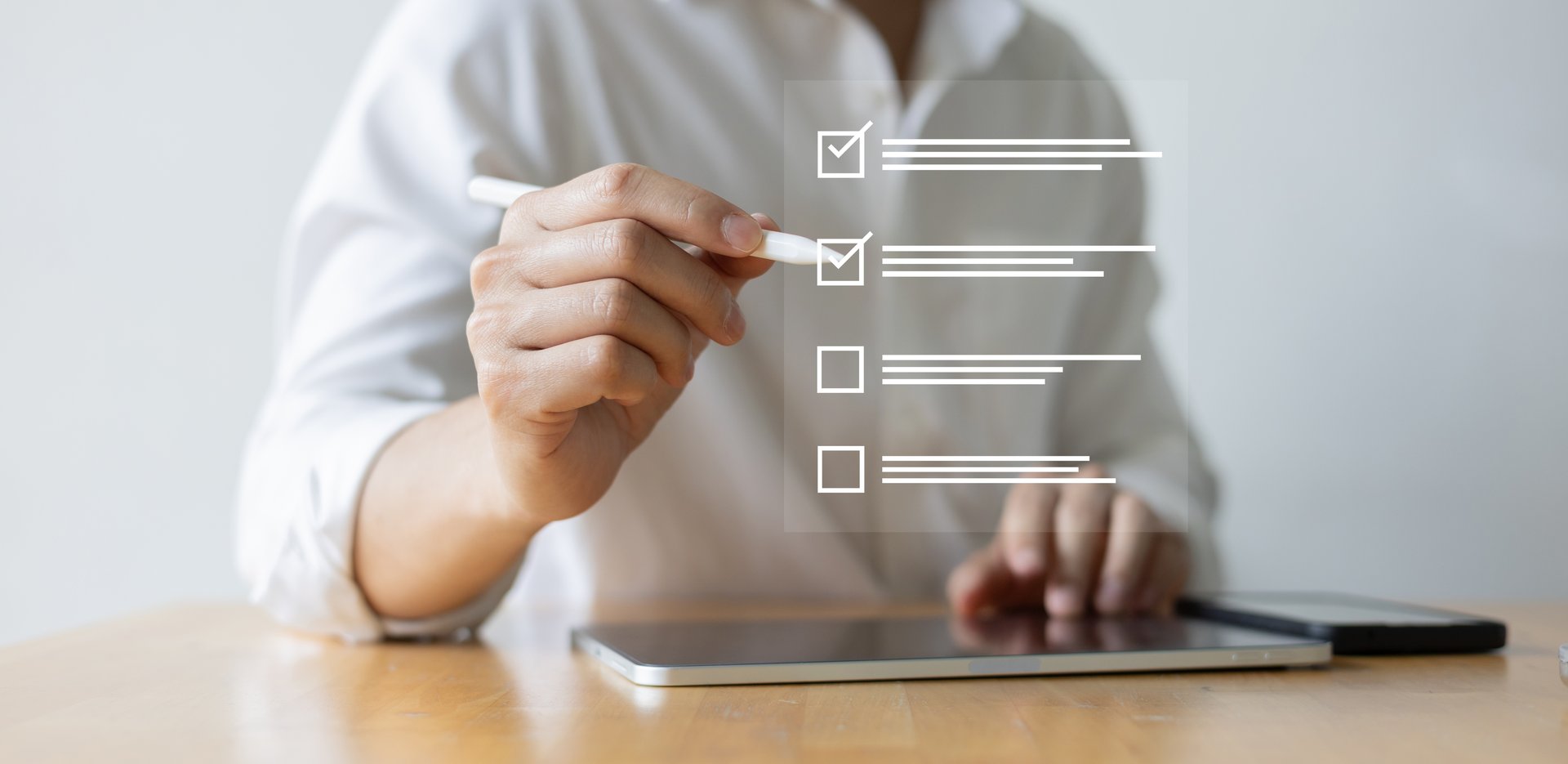close up businessman hand check mark on virtual online questionnaire survey from website to rate score and share aspect of audience after complete from seminar for business corporation concept