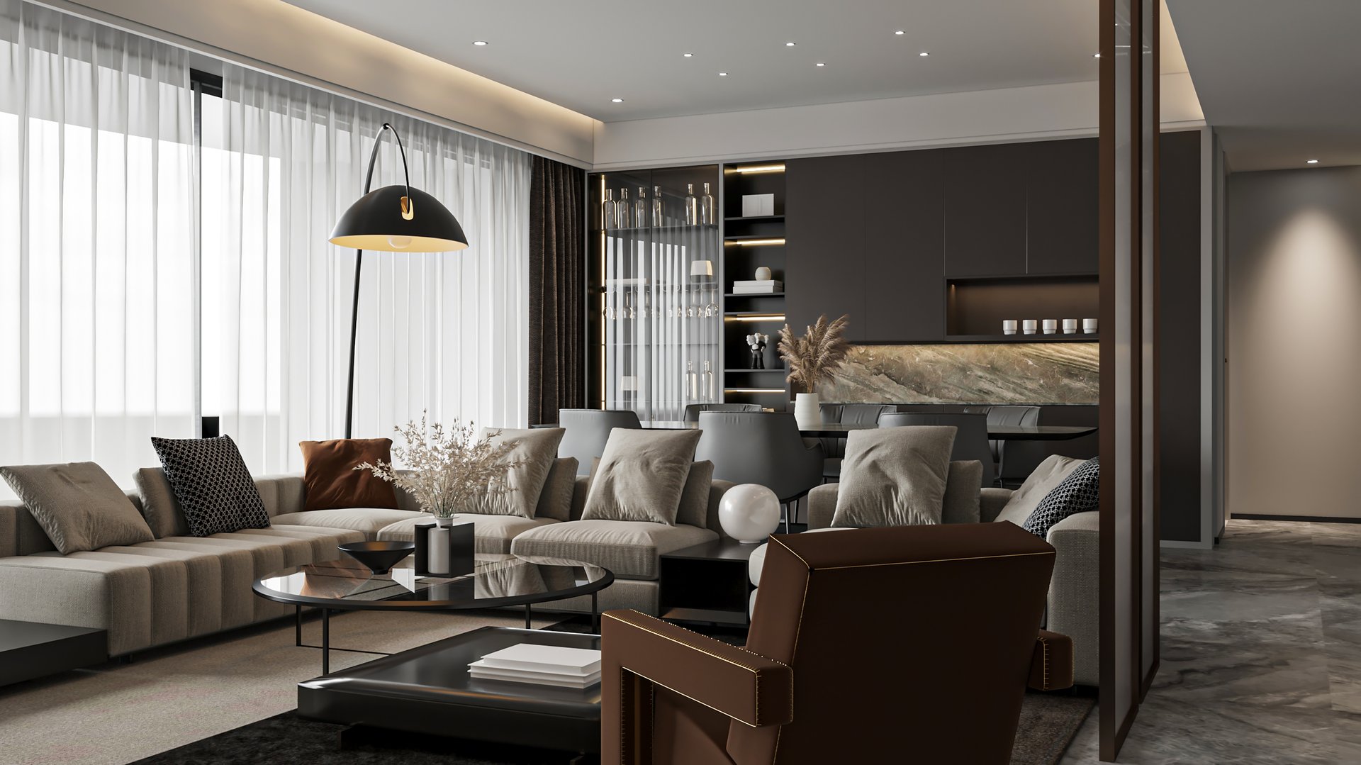 Modern Living Room with Arc Lamp, Designer Armchair, and Open Layout