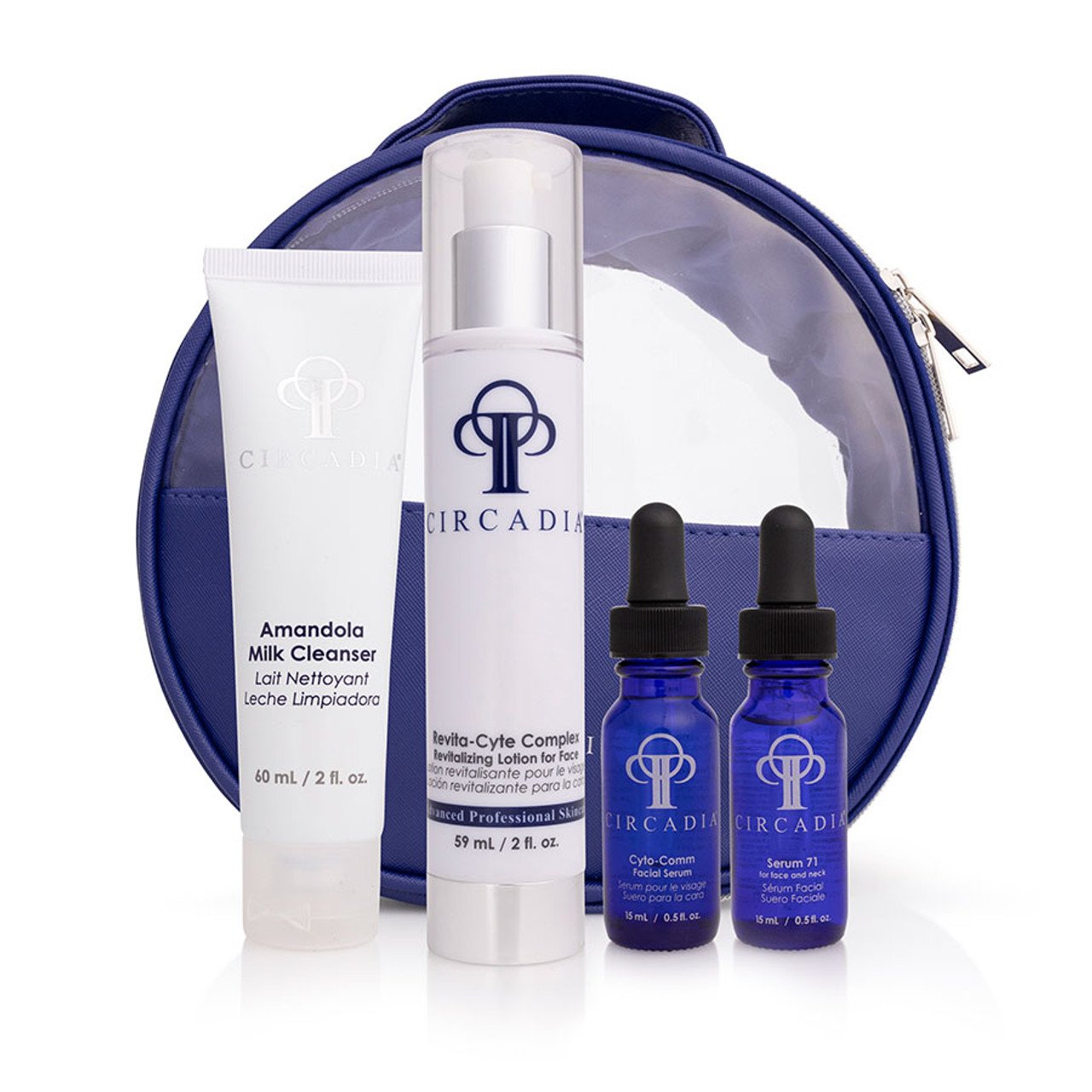 Skincare set with cleanser, lotion, and serums in blue bottles beside a circular blue travel bag.