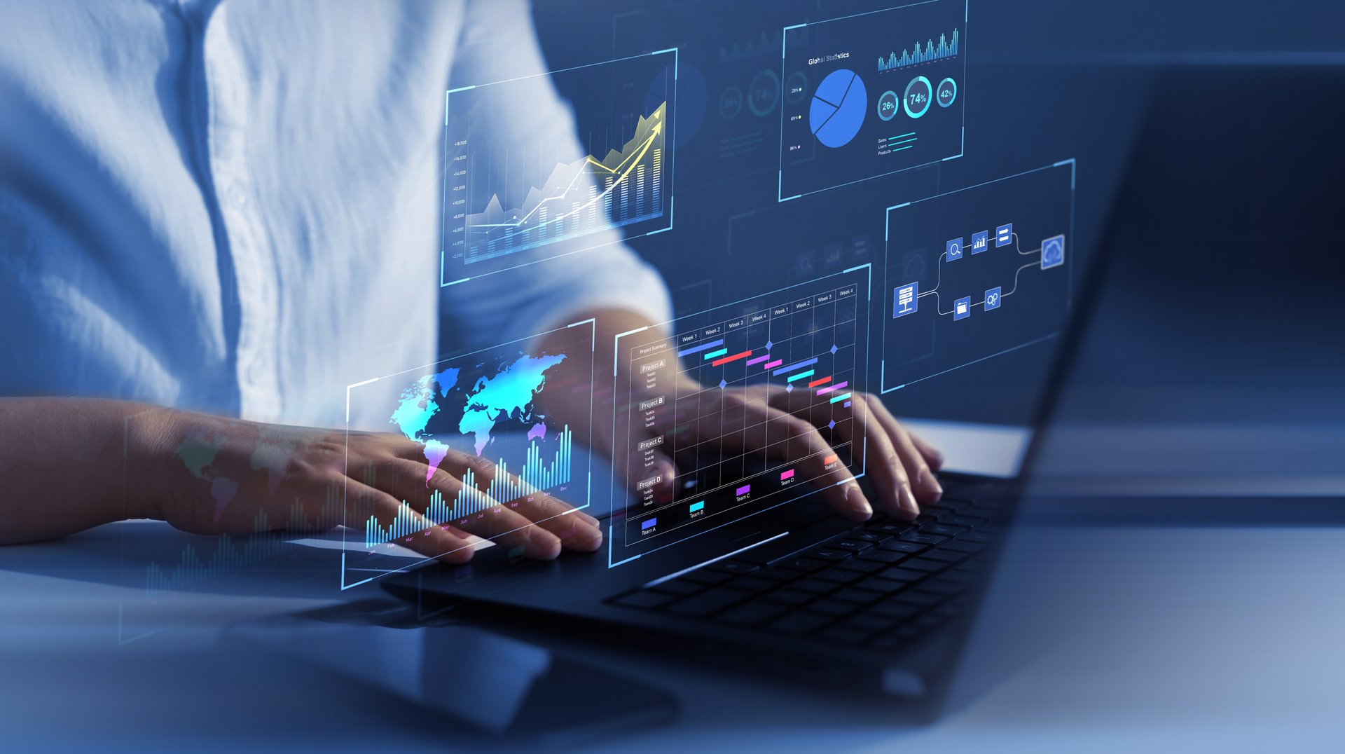Business finance data analytics graph. Advisor using KPI Dashboard on virtual screen.Financial management technology