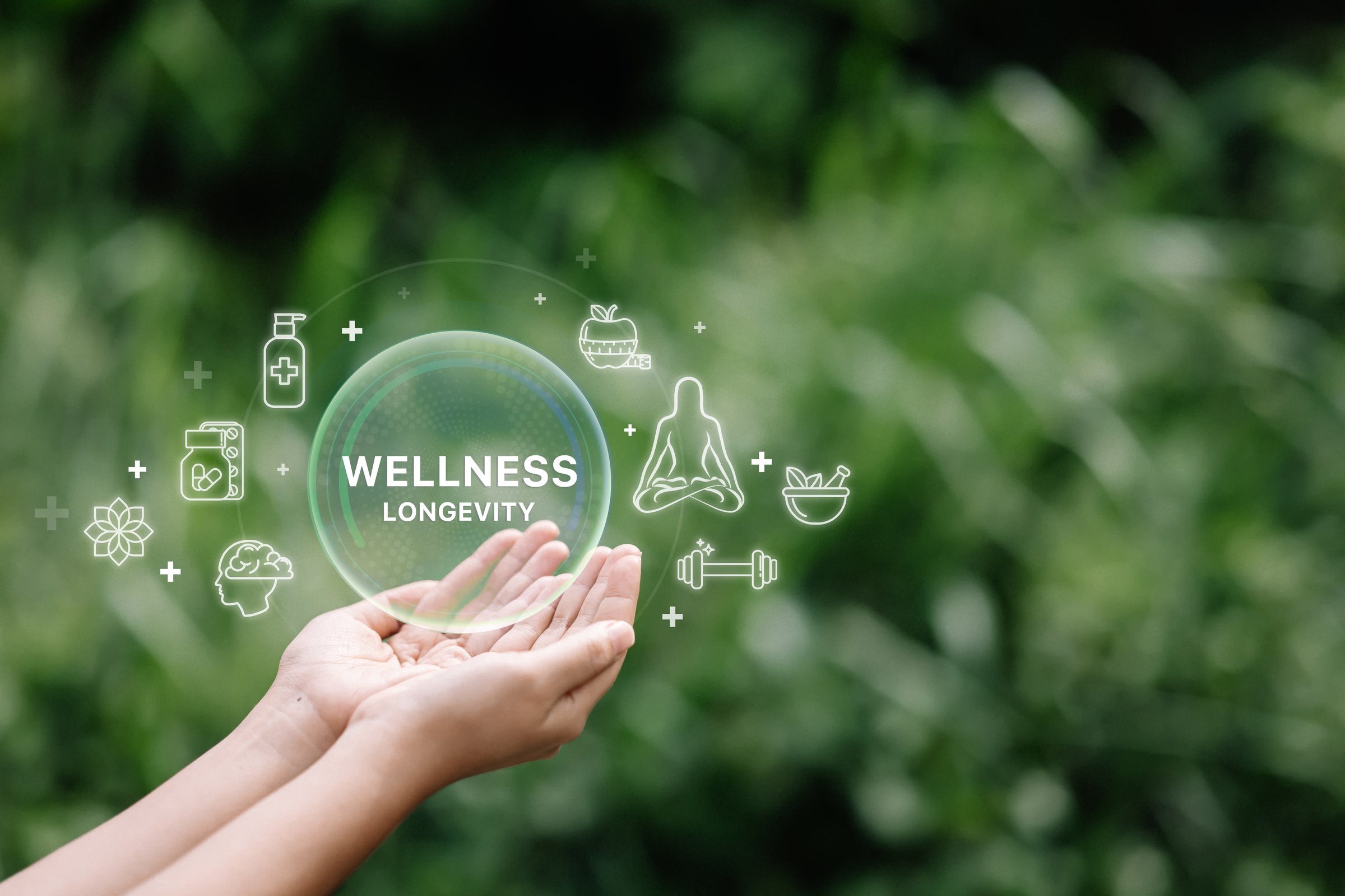 Hand holding virtual icons of wellness with nature background. Concept of mindfulness and healthy living.
