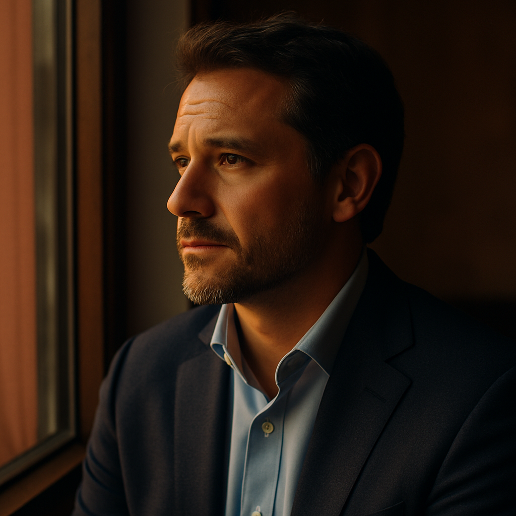Man in a suit looks thoughtfully out of a window, with soft natural light illuminating his face.