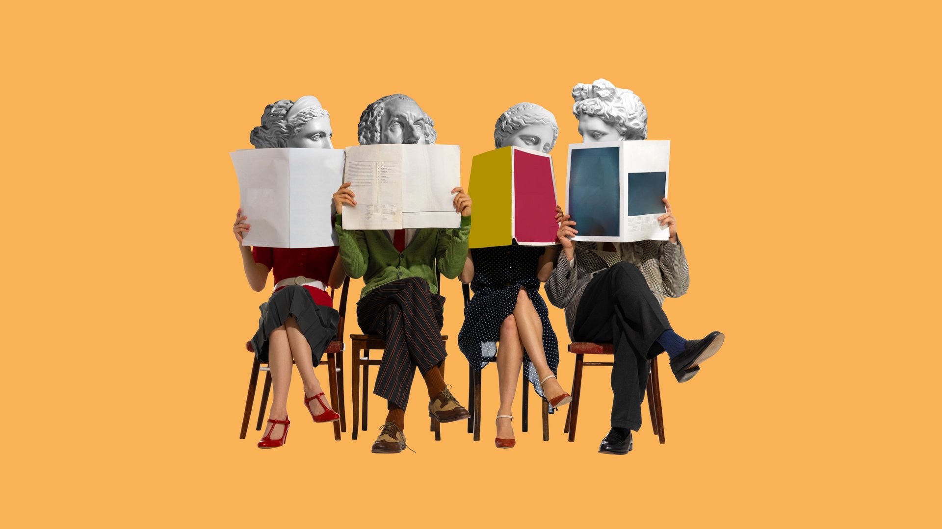 People, men and women with antique statue head sitting on chairs and reading newspaper, magazines. Contemporary art collage. Concept of creativity, retro and vintage style, imagination, surrealism