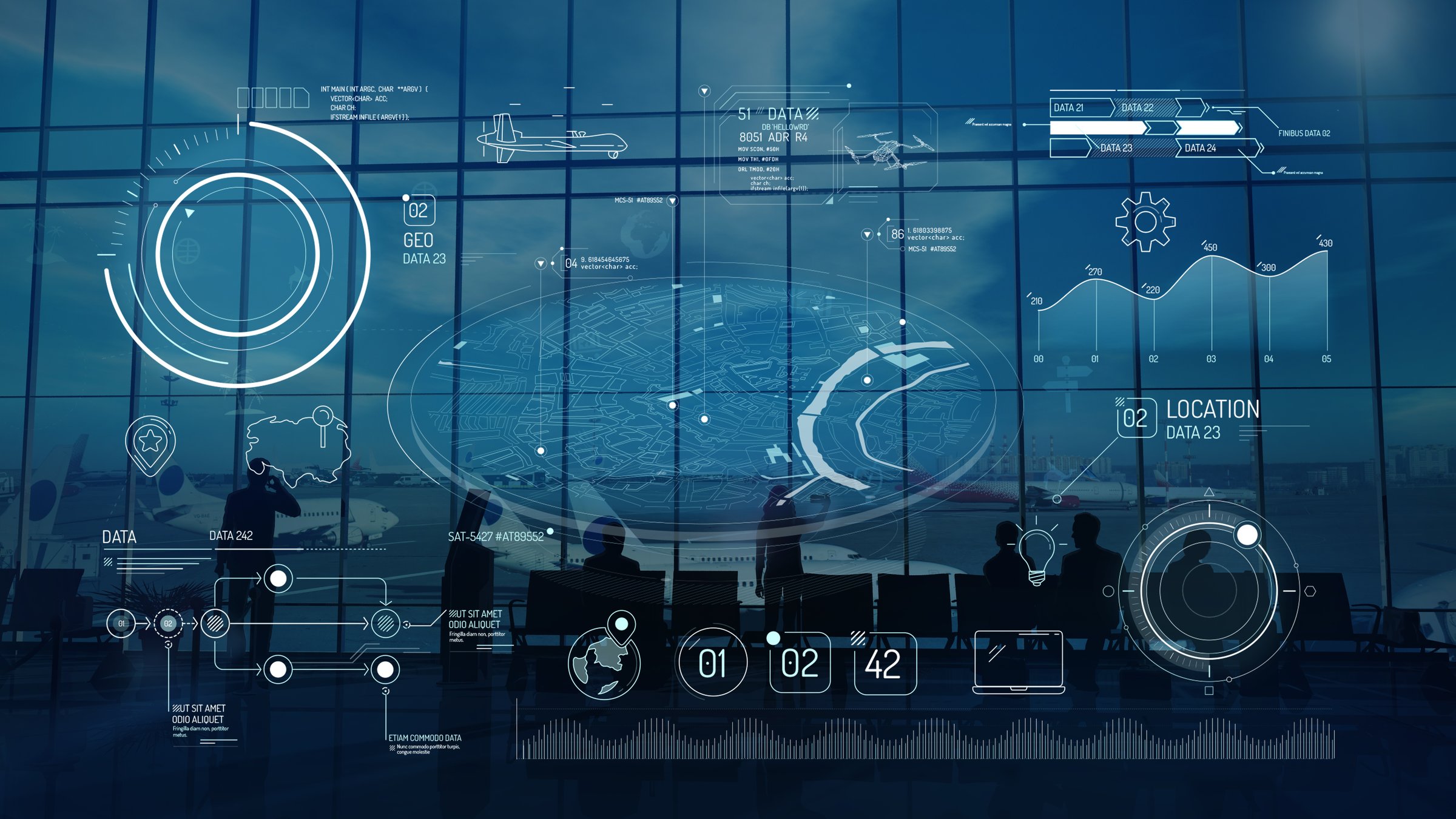 A set of infographic elements with graphs and a map on the topic of geolocation and work with drones on a dark background.