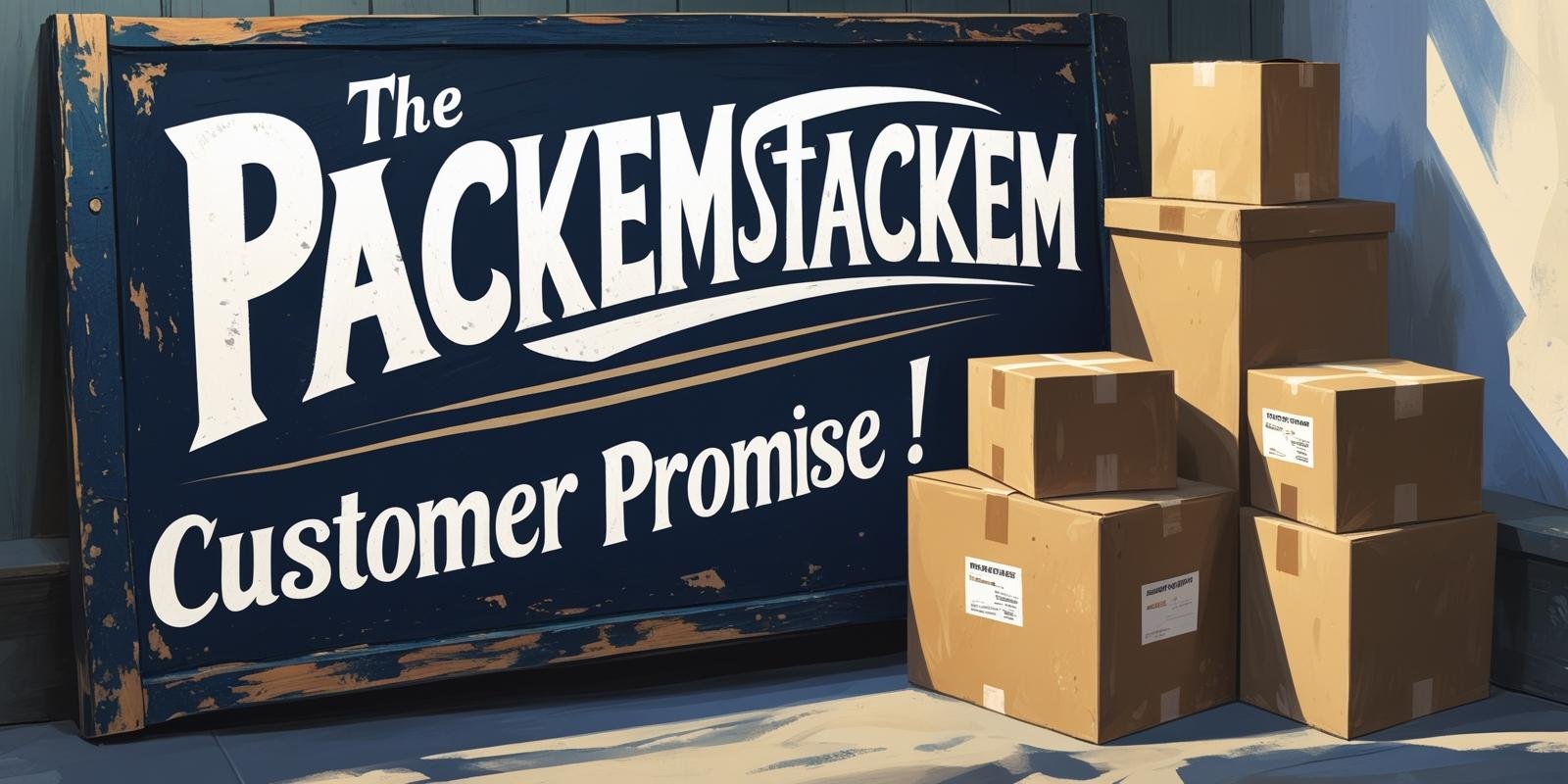 The PackEmStackEm Customer Promise sign with dark blue background and packing boxes