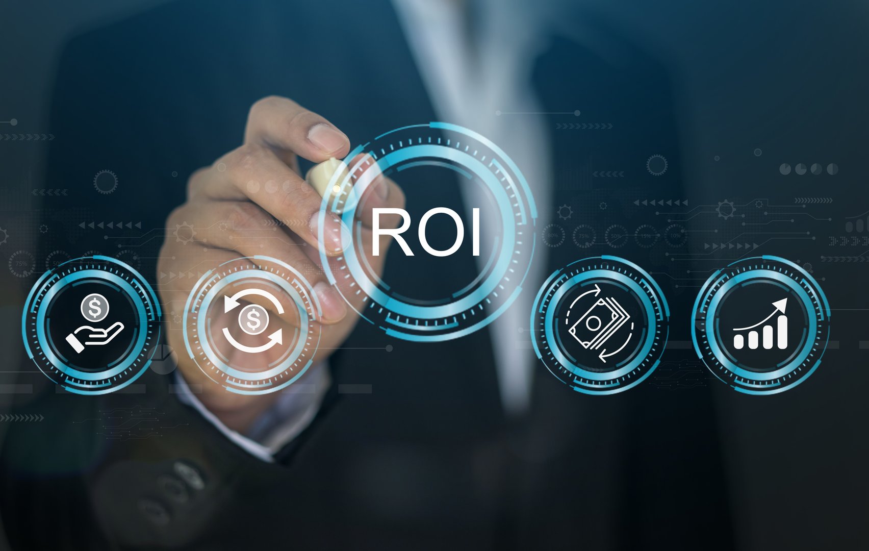ROI and financial growth analysis, return on investment concept with business metrics, digital interface with profit increase, finance and investment strategy, business goal setting and achievement
