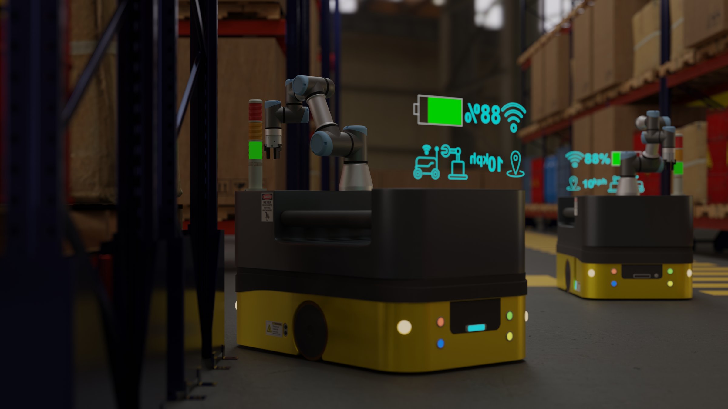 Factory 4.0 concept: The collaboration of Collaborative Robot, Industrial robot, AGV(automated guided vehicle) and AI in smart warehouse. 3D illustration