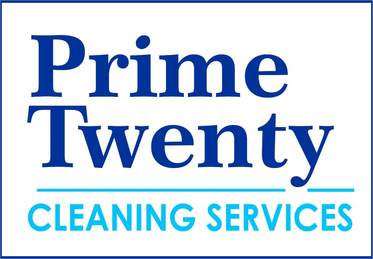 Logo for Prime Twenty Cleaning Services featuring icons of a vacuum, broom, and spray bottle in colorful circles.