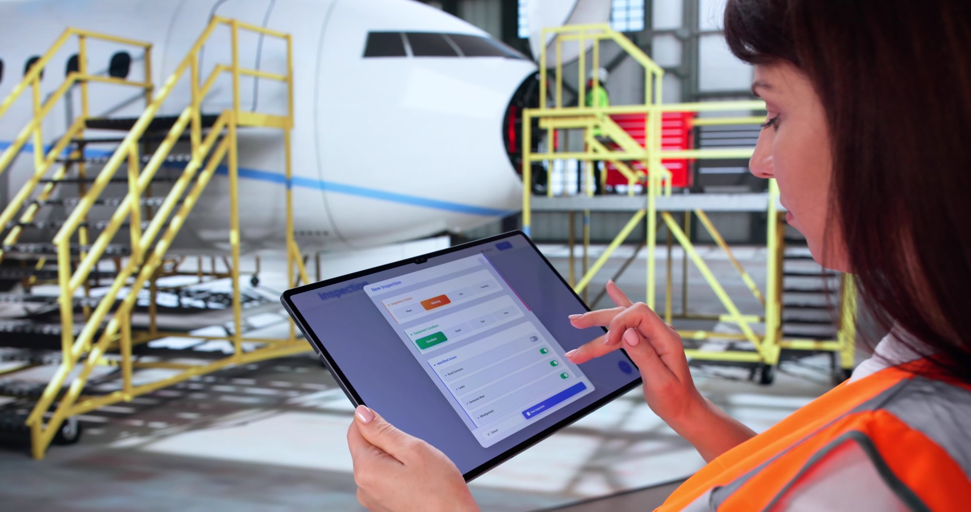 Aerospace Engineer Ensuring Aircraft Safety With Tablet Inspection In Hangar.