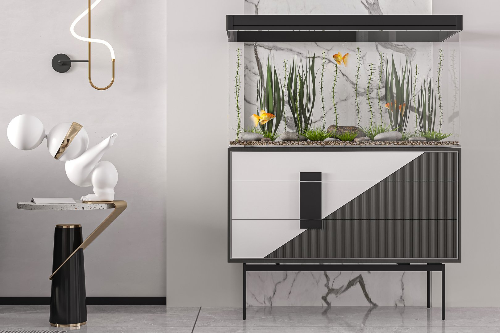 Modern Interior Design with Stylish Fish Tank and Artistic Side Table Decor