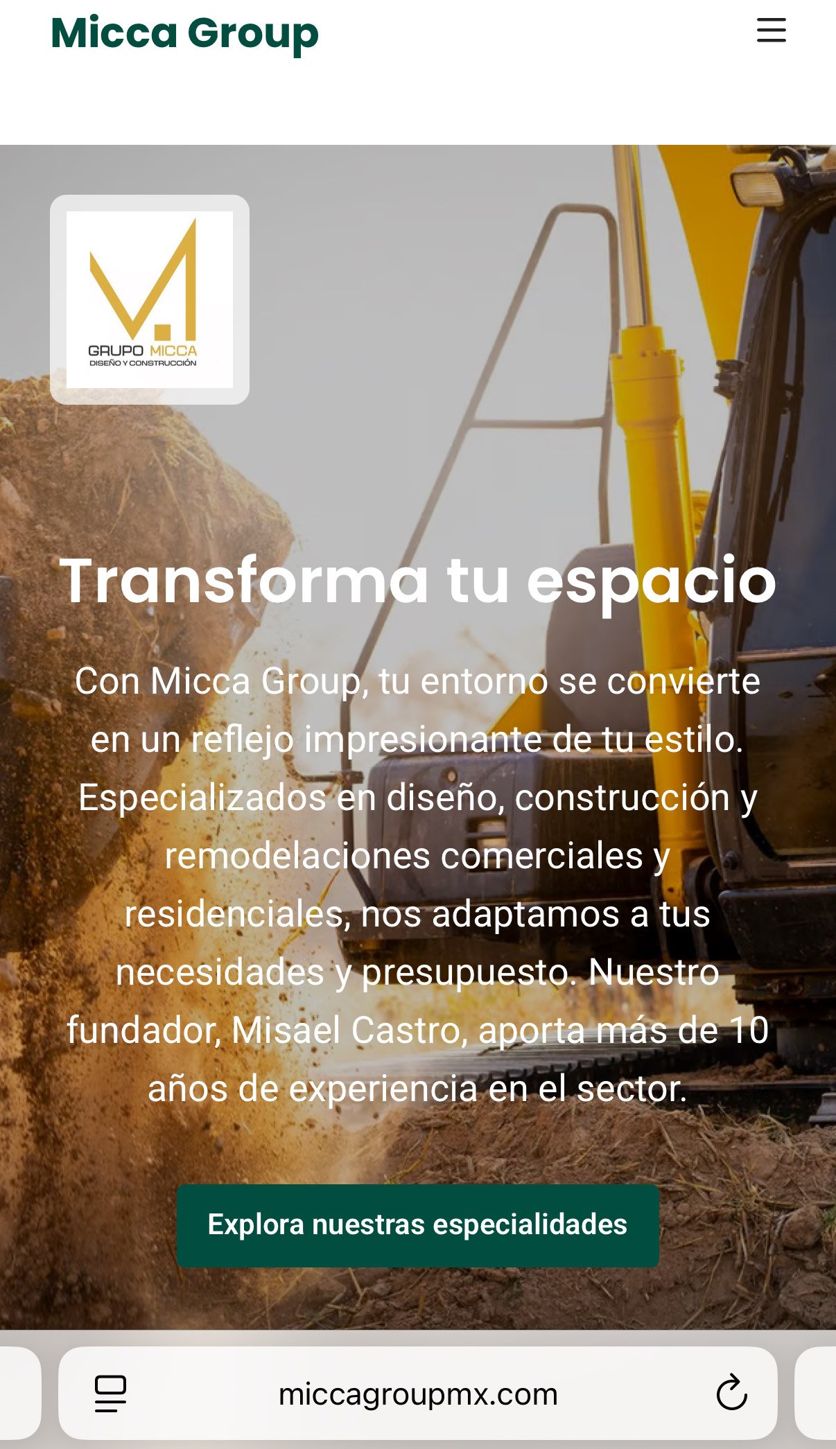 Website of Micca Group showcasing construction services with a background image of a construction site and excavator.