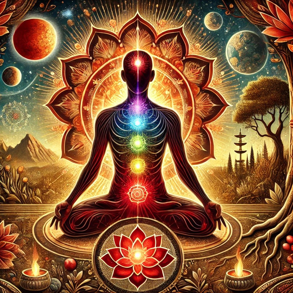 A silhouette meditating with illuminated chakras, surrounded by cosmic and nature elements in a vibrant, mystical setting.