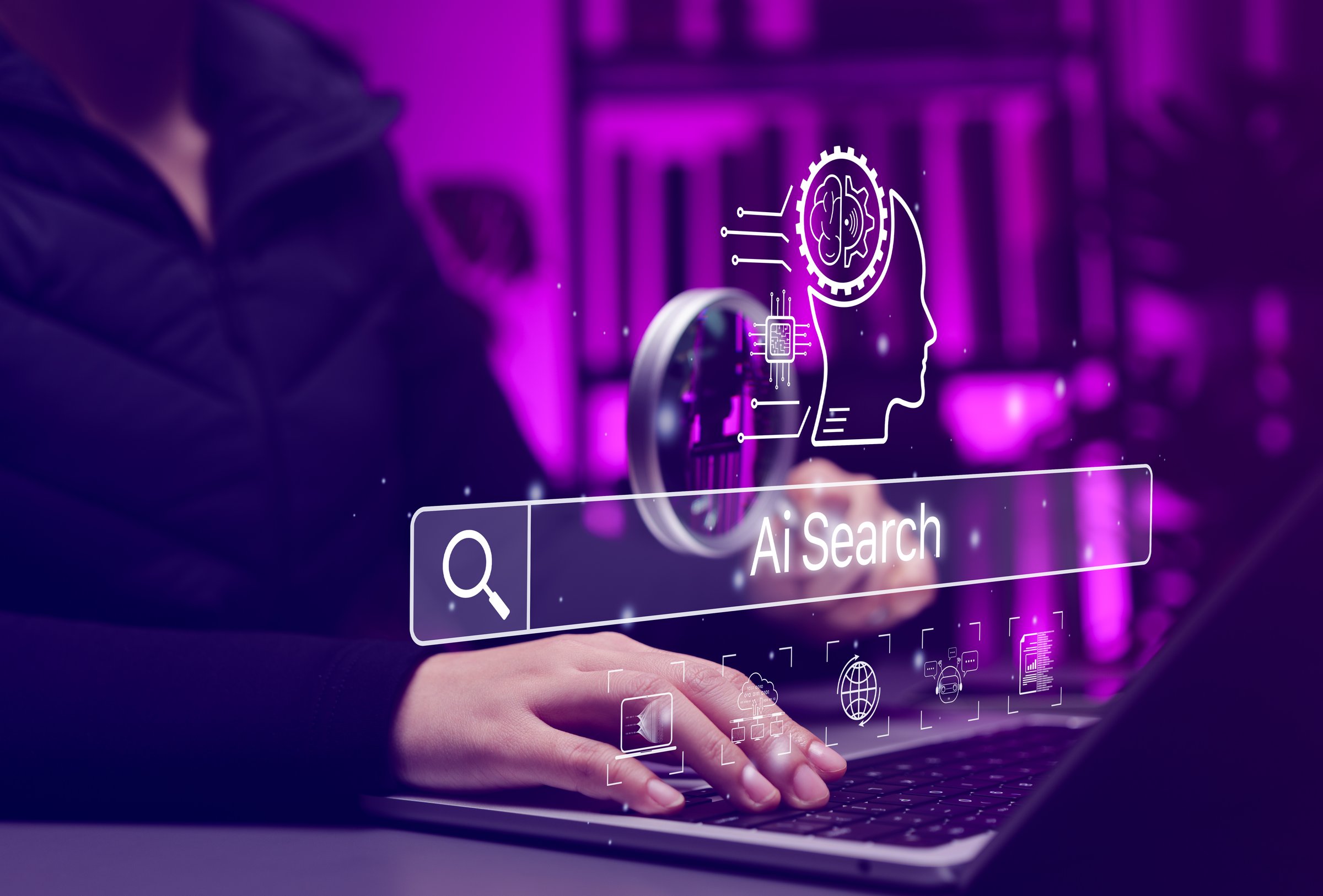 AI Search Engine Technology Concept. Person using laptop with AI search, artificial intelligence powered search engine, smart data discovery, machine learning, intelligent information retrieval system