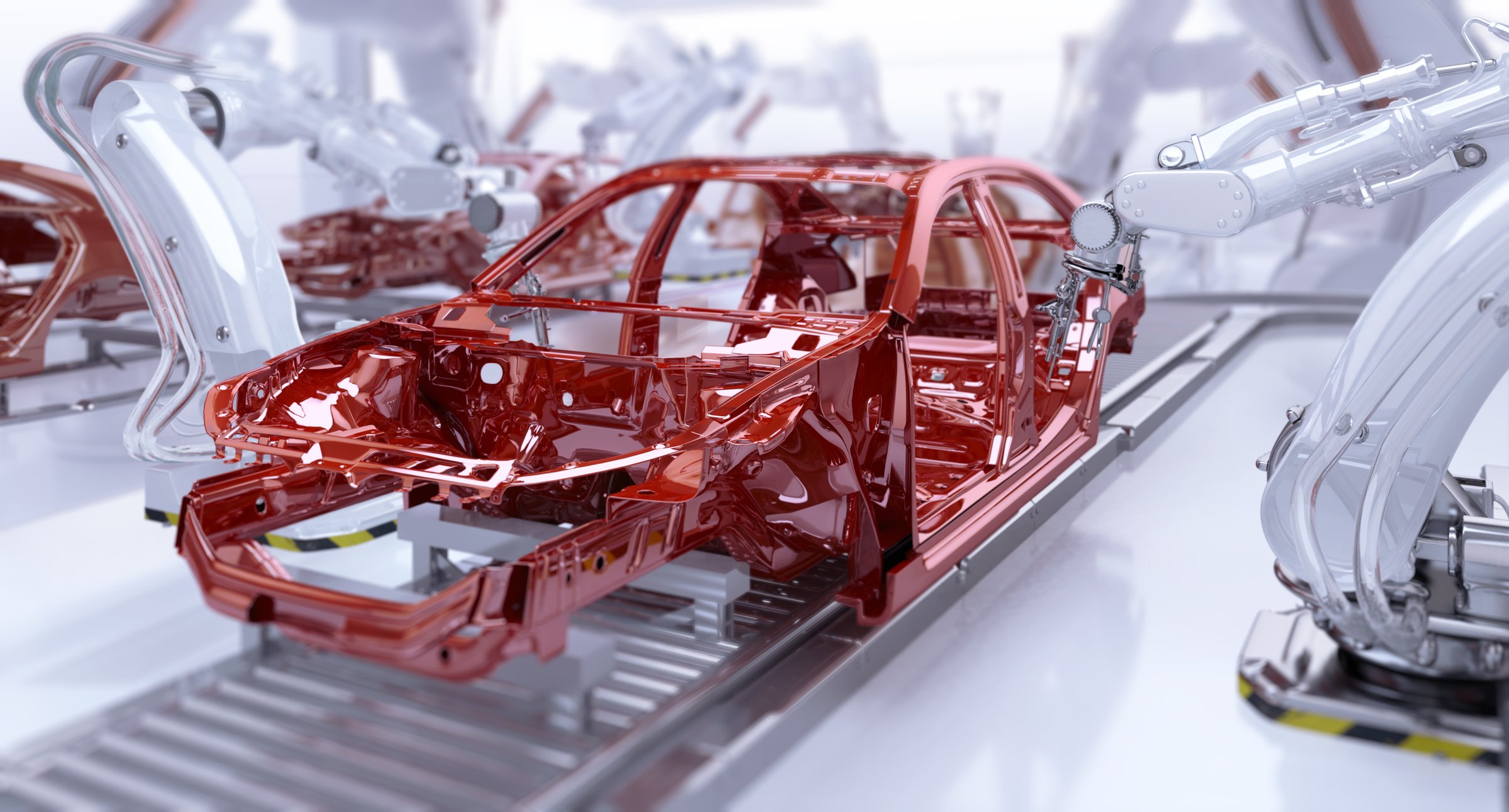 Automated car manufacturing. Industrial robotic arms painting vehicle body on a production line. Automotive industry 4.0, AI robotic assembly, smart factory, high-tech precision engineering technology 3D illustration