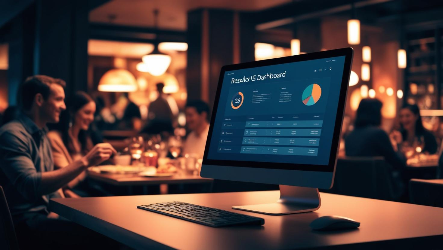 Computer displaying a dashboard in a cozy restaurant setting with diners in the background.