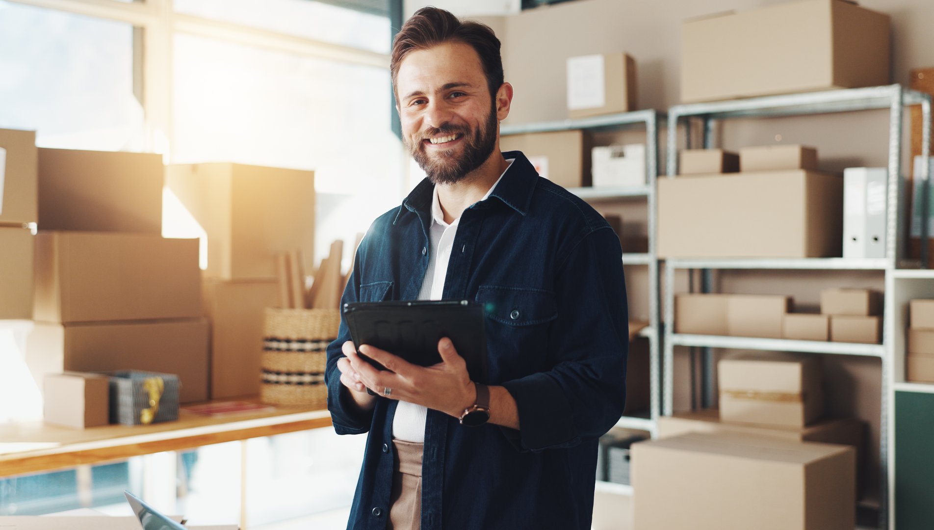 Portrait, man and box with tablet for distribution of online orders, inventory checklist and stock shipping. Male person, digital and ecommerce for logistics, review supply chain and package delivery