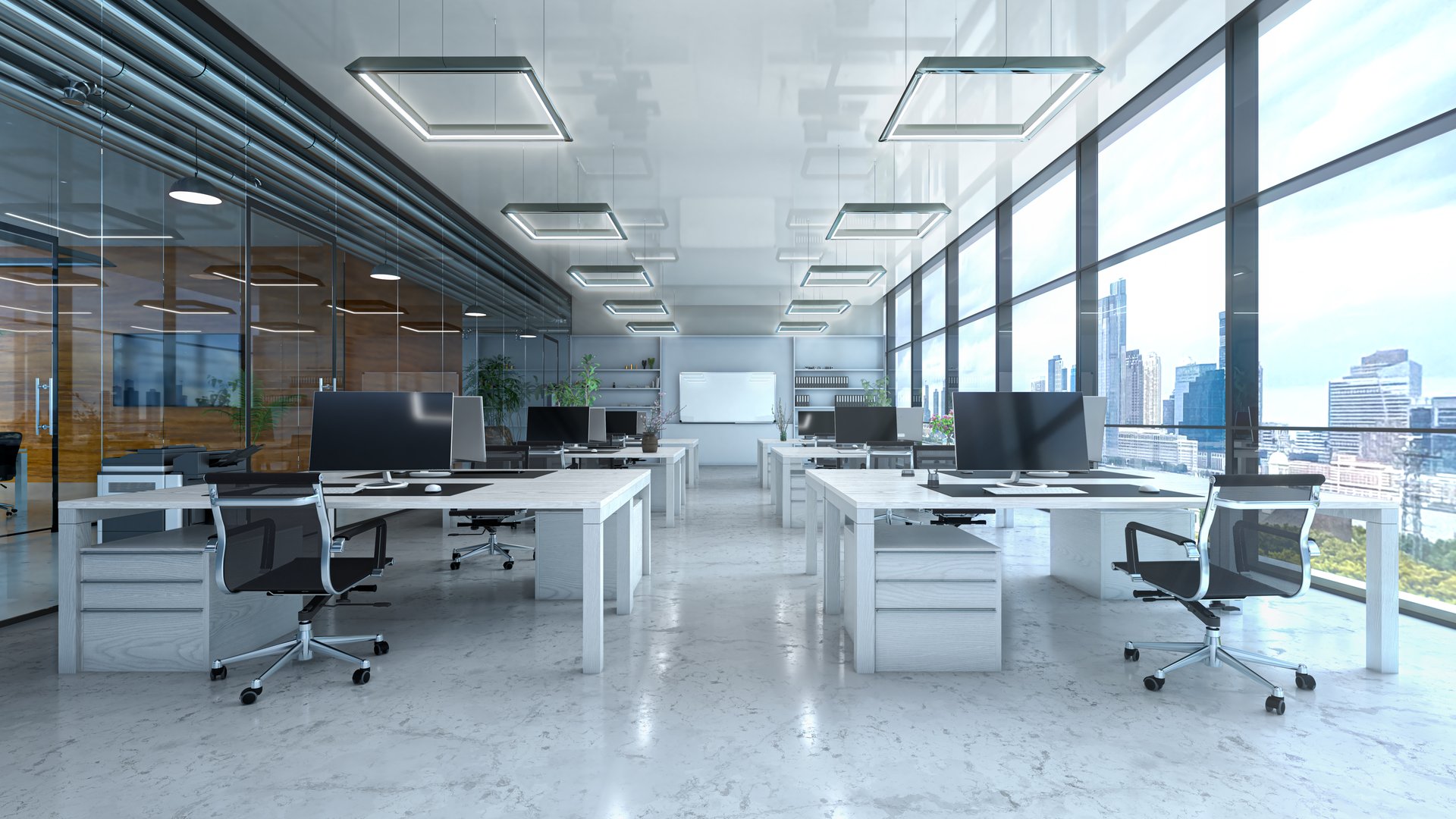 Open office with view from a large windows interior. 3d illustration